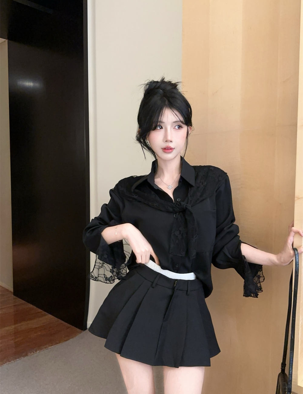 Pleated high waist shirt fashion skirt 2pcs set for women