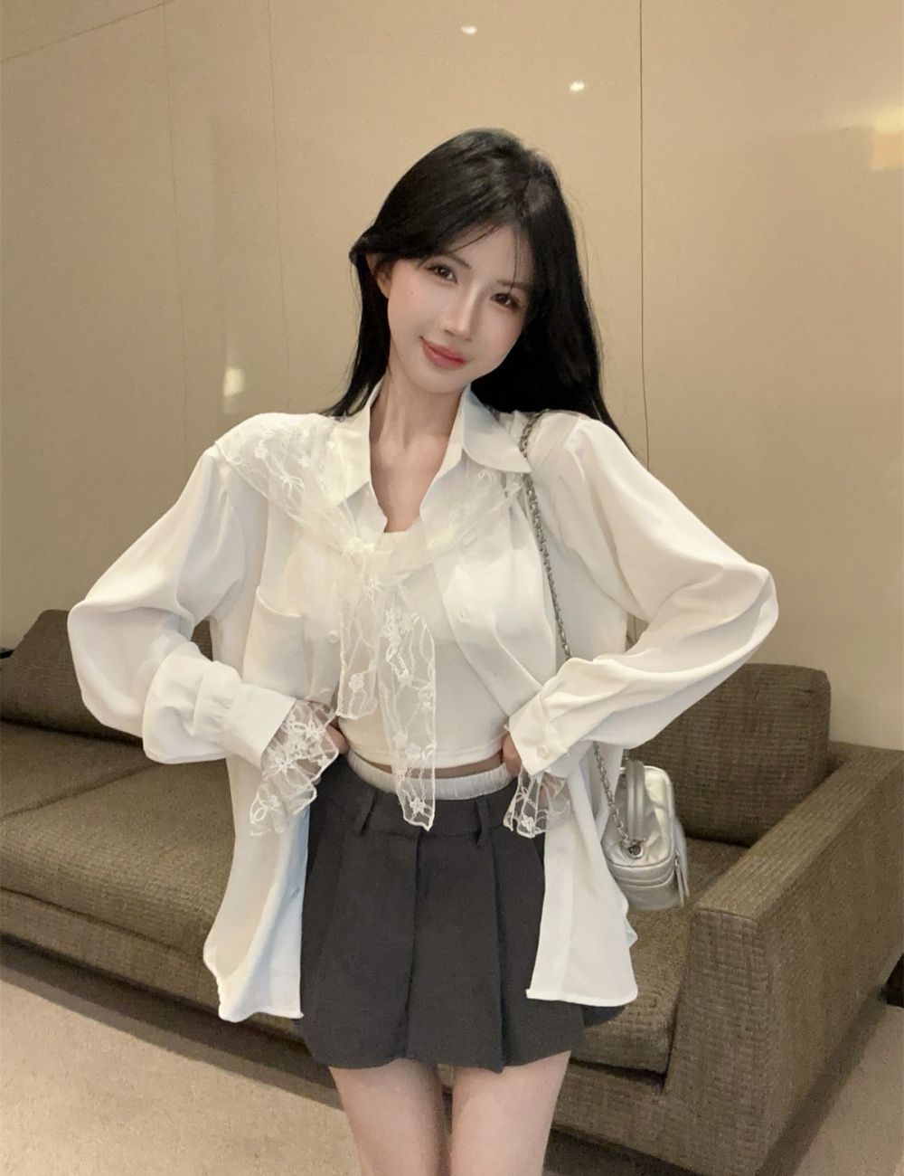 Pleated high waist shirt fashion skirt 2pcs set for women