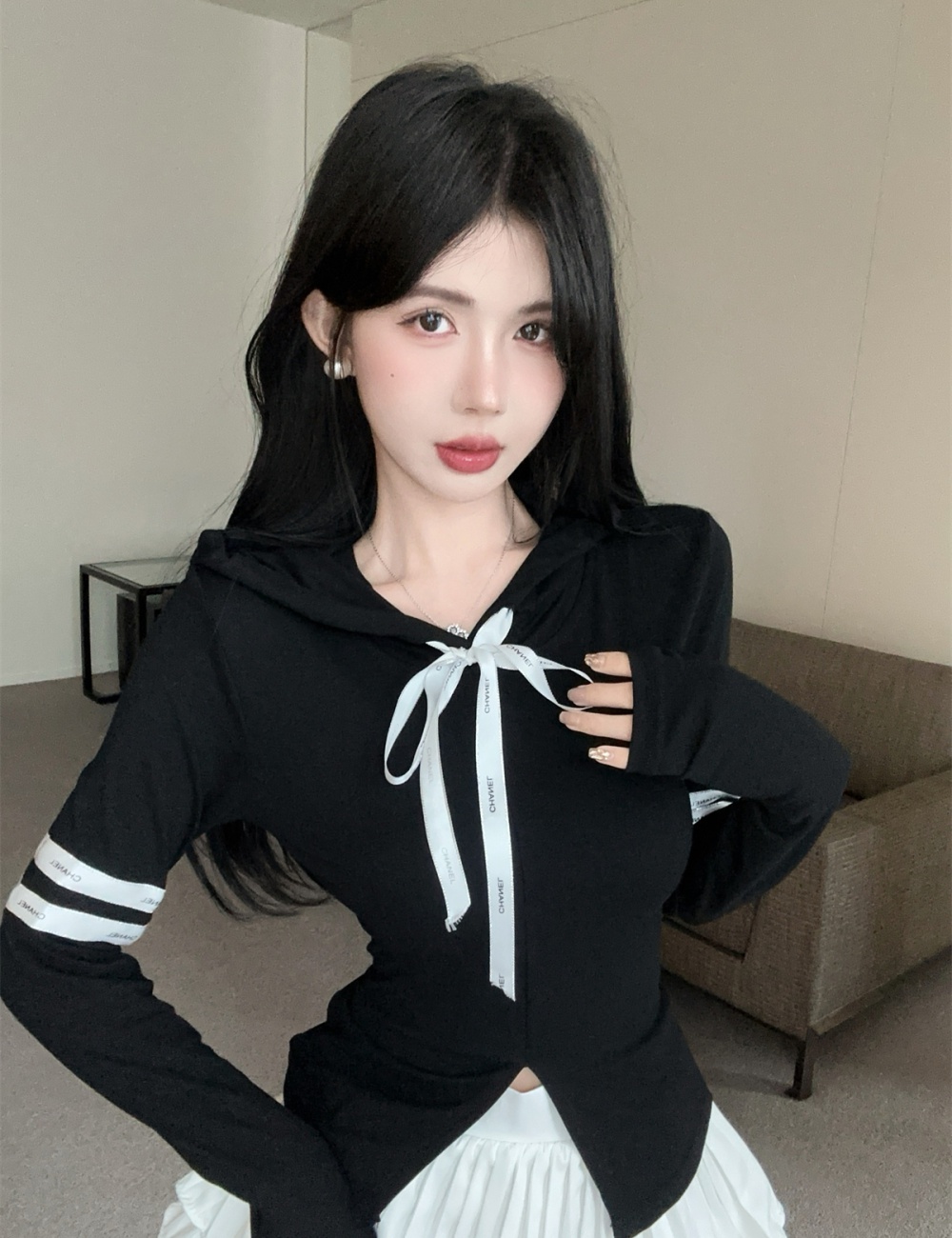 Bow mixed colors hooded ribbon sports slit tops