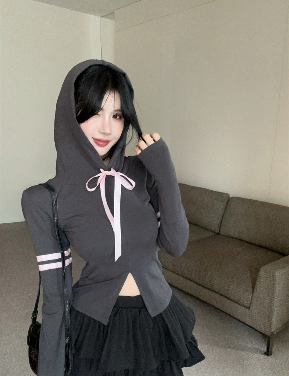 Bow mixed colors hooded ribbon sports slit tops