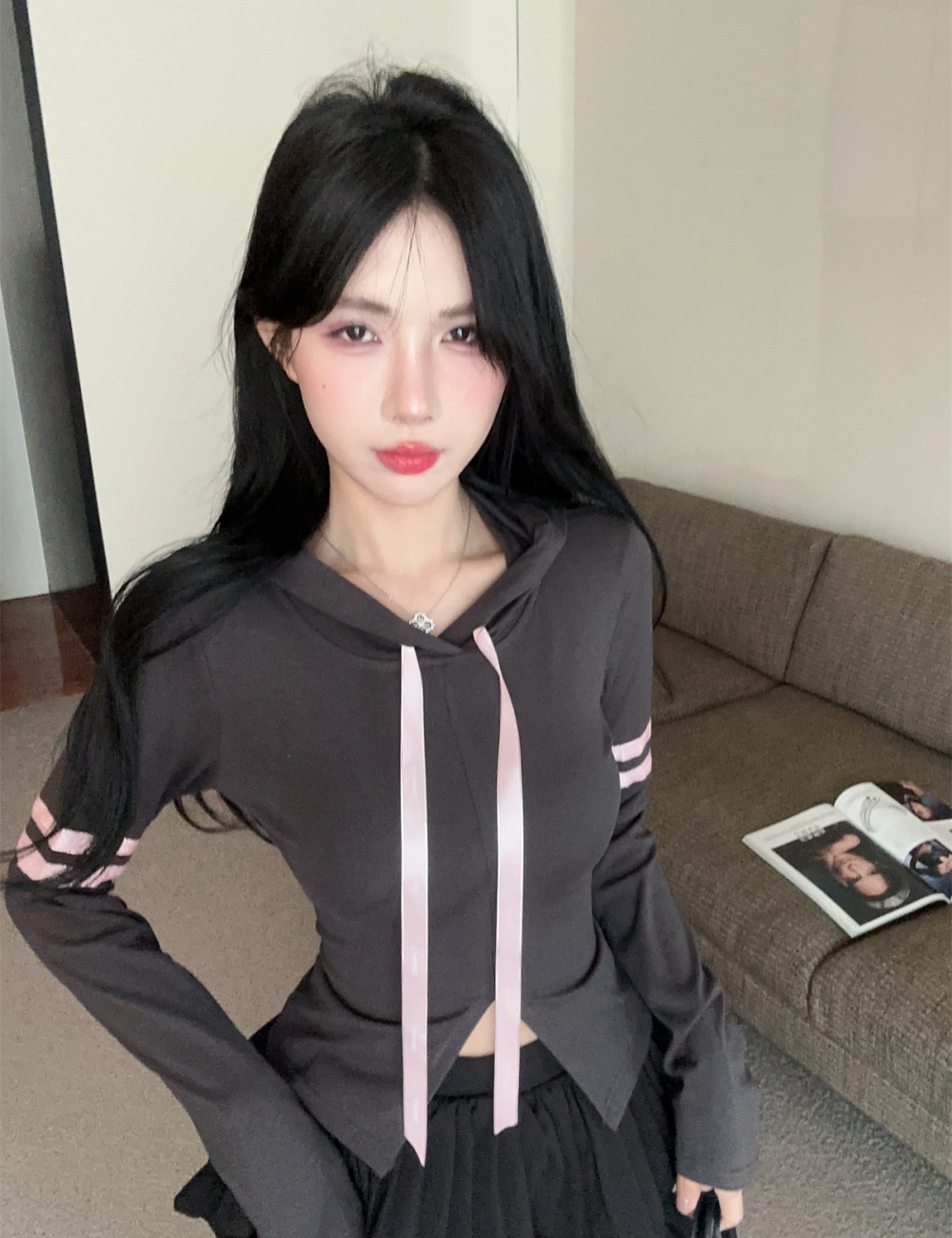 Bow mixed colors hooded ribbon sports slit tops