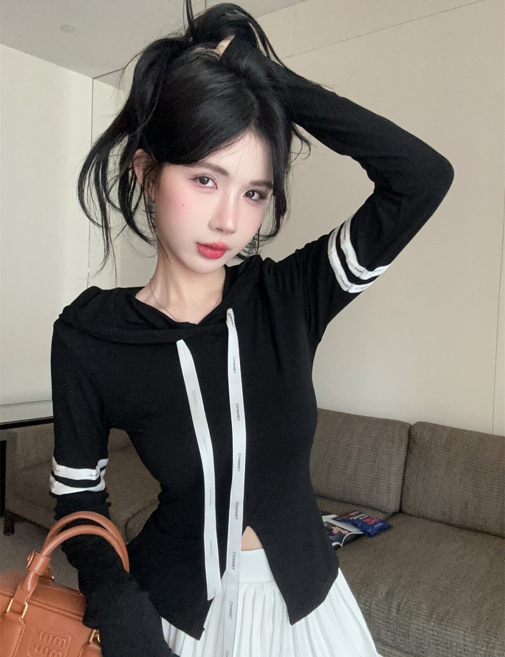 Bow mixed colors hooded ribbon sports slit tops