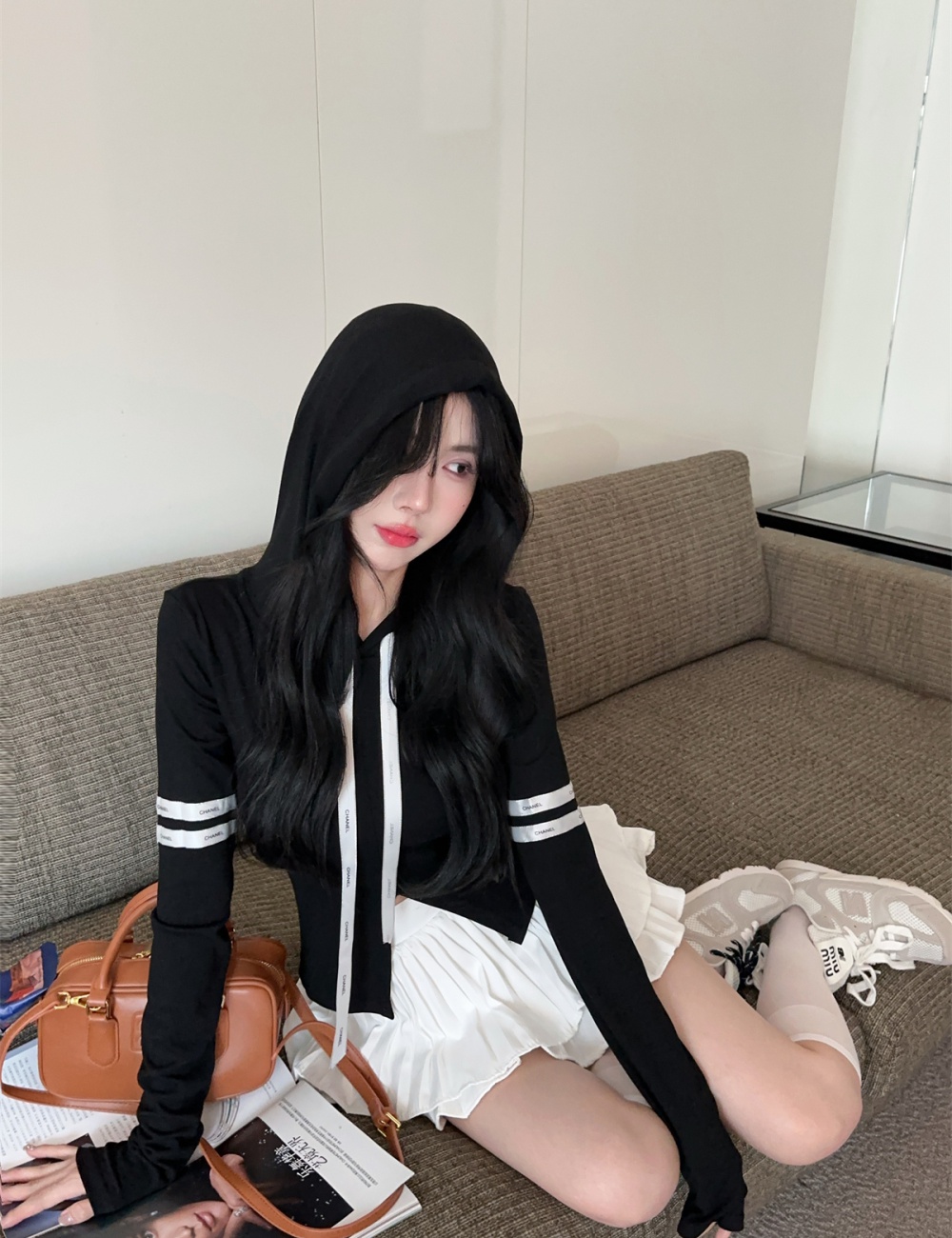 Bow mixed colors hooded ribbon sports slit tops