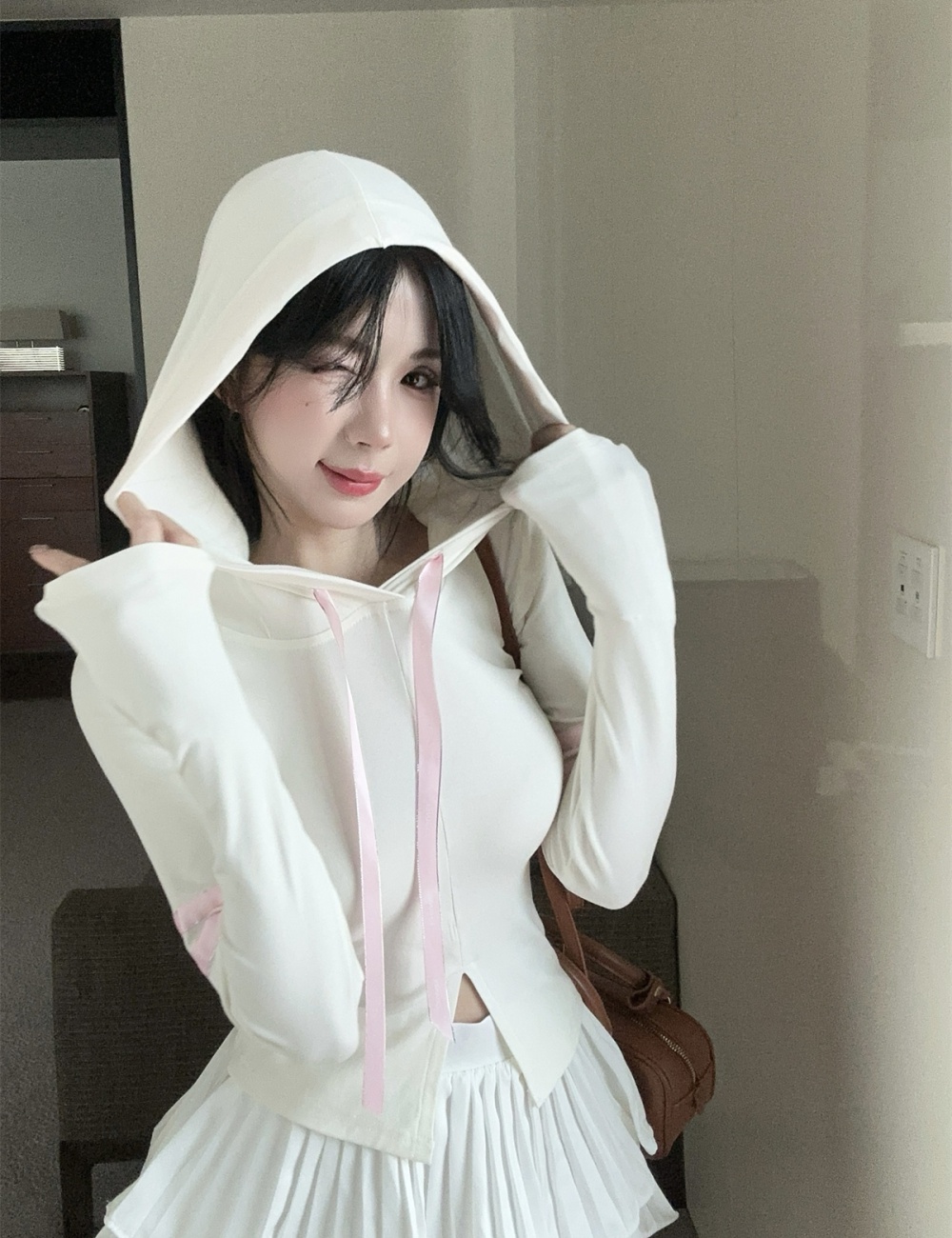 Bow mixed colors hooded ribbon sports slit tops