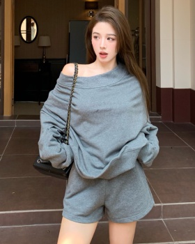 Sloping shoulder irregular shorts autumn tops 2pcs set