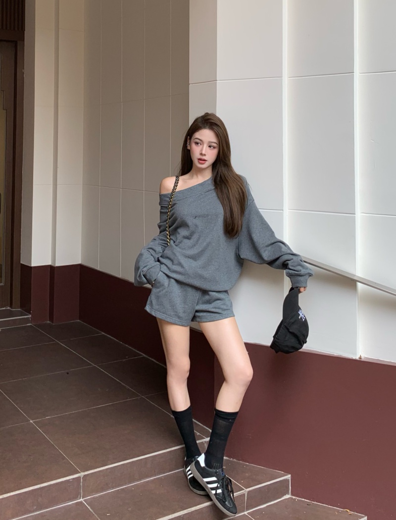 Sloping shoulder irregular shorts autumn tops 2pcs set