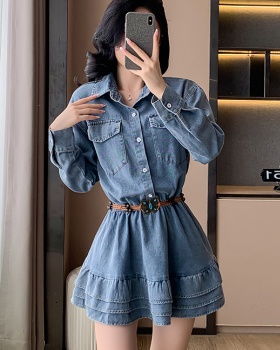 Denim sweet dress long sleeve spring and autumn T-back