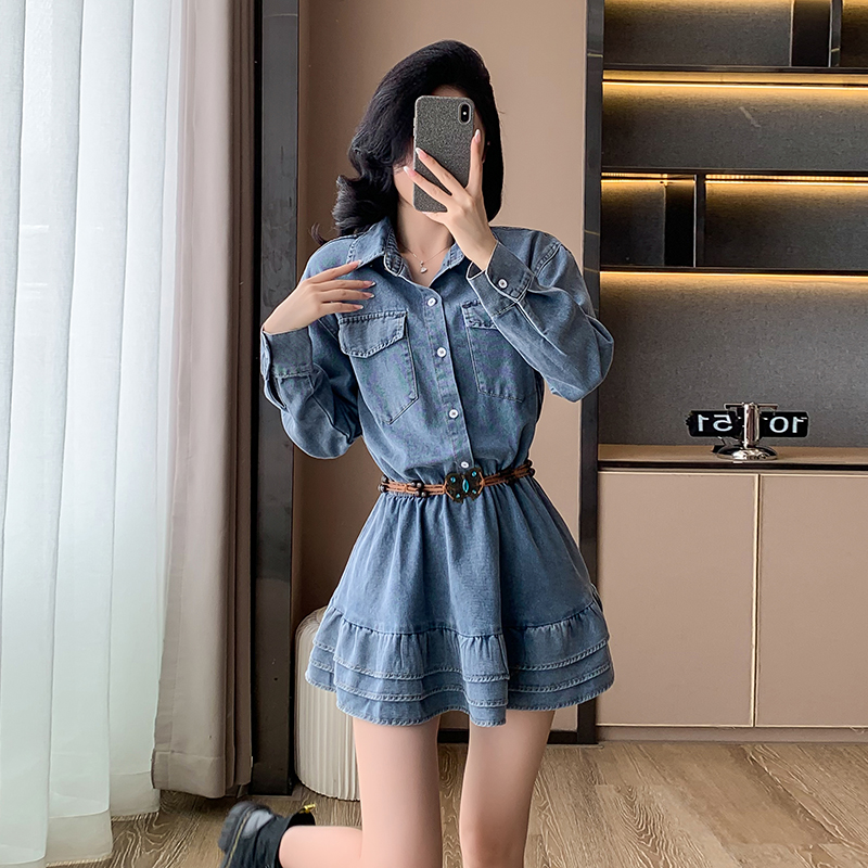 Denim sweet dress long sleeve spring and autumn T-back