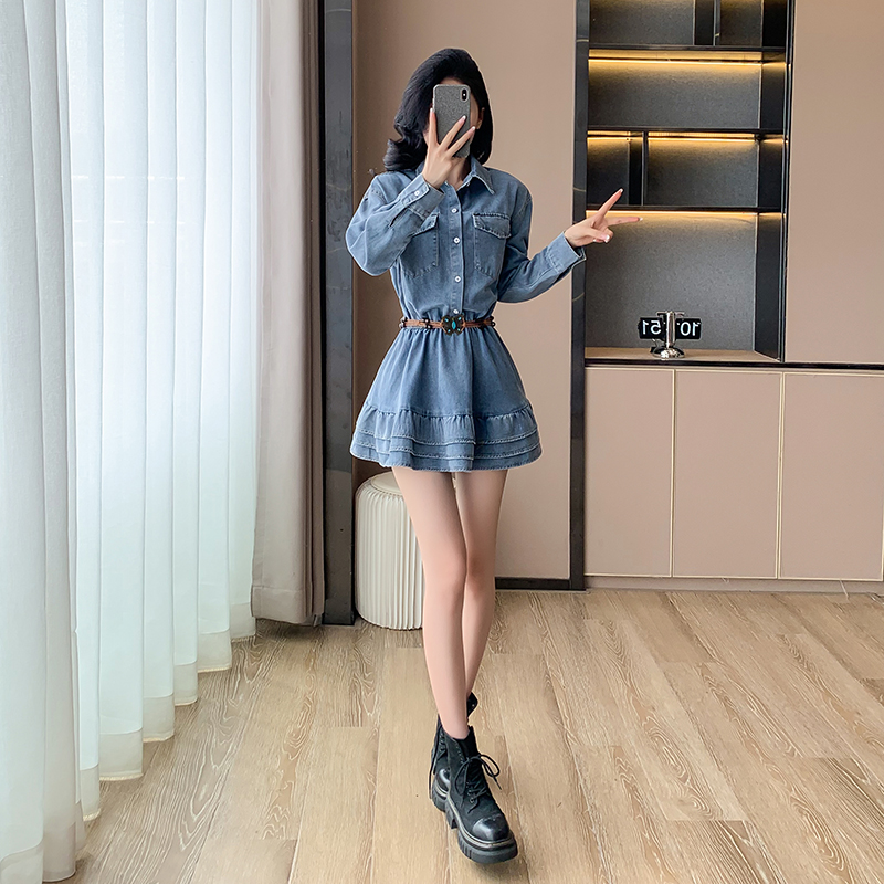 Denim sweet dress long sleeve spring and autumn T-back