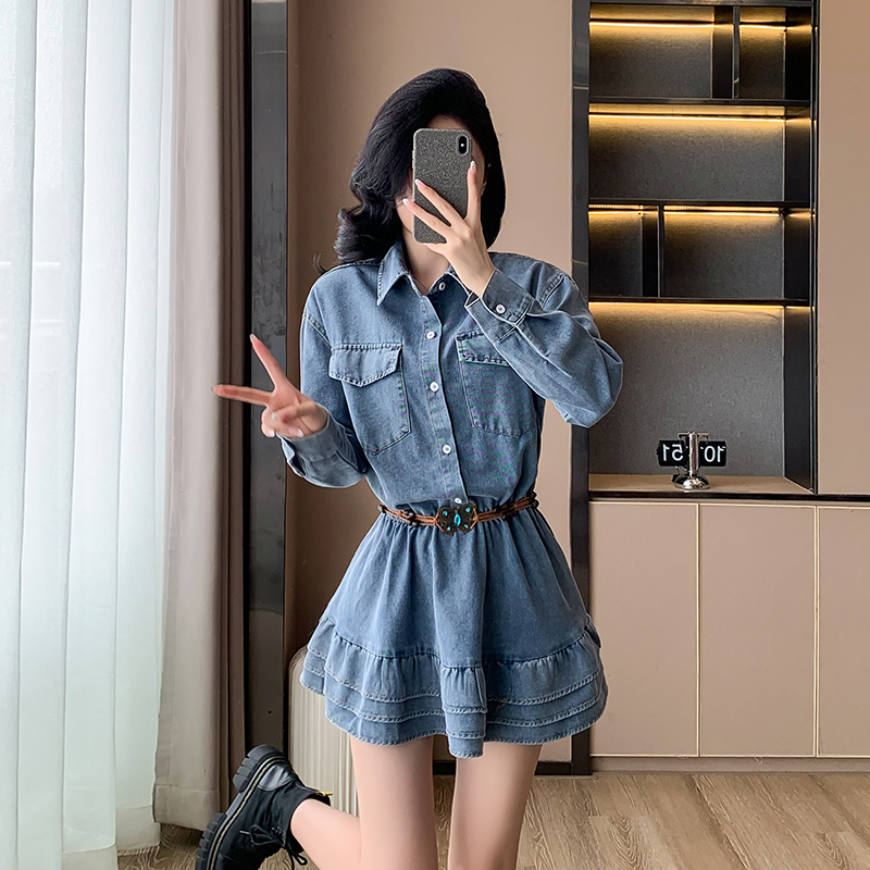 Denim sweet dress long sleeve spring and autumn T-back