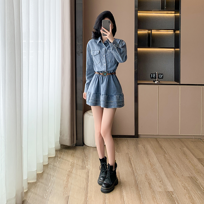 Denim sweet dress long sleeve spring and autumn T-back