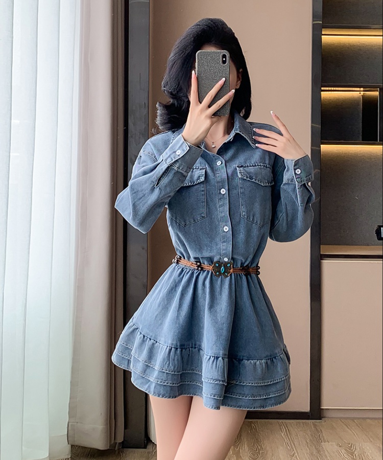 Denim sweet dress long sleeve spring and autumn T-back