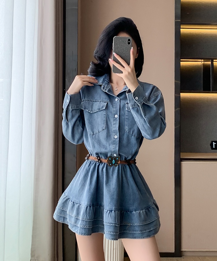 Denim sweet dress long sleeve spring and autumn T-back