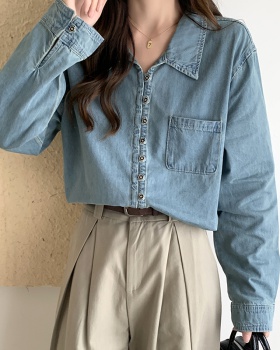 Simple spring and autumn denim pure long sleeve shirt