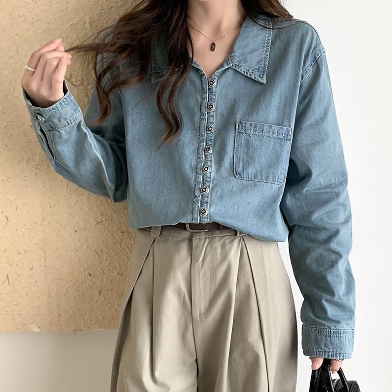 Simple spring and autumn denim pure long sleeve shirt