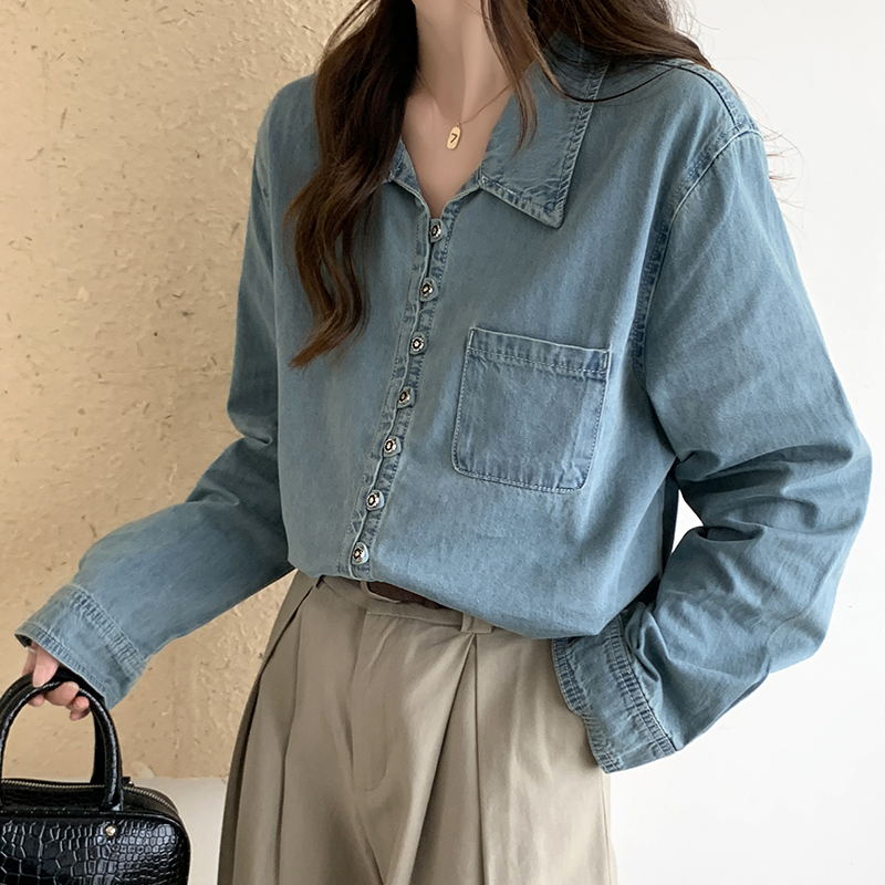 Simple spring and autumn denim pure long sleeve shirt