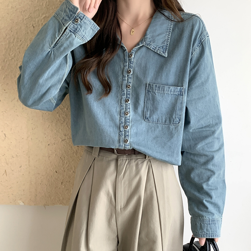 Simple spring and autumn denim pure long sleeve shirt