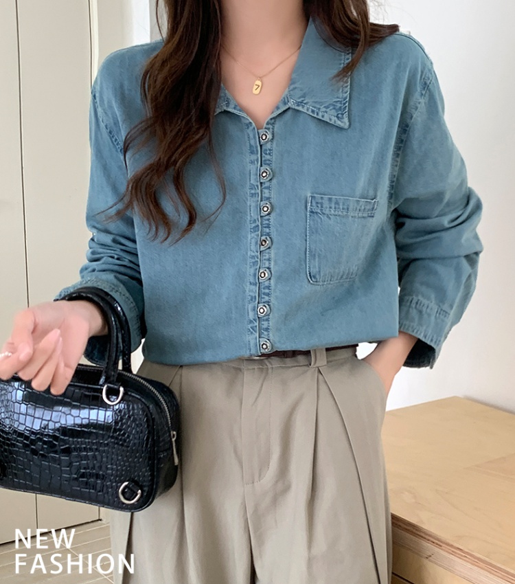 Simple spring and autumn denim pure long sleeve shirt