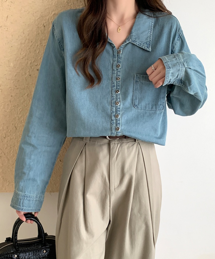 Simple spring and autumn denim pure long sleeve shirt