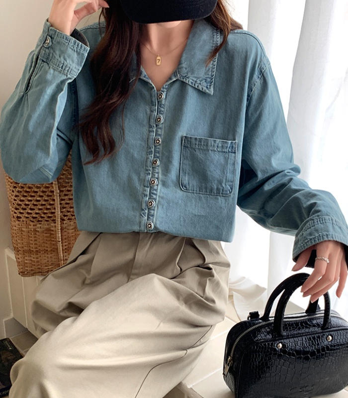 Simple spring and autumn denim pure long sleeve shirt