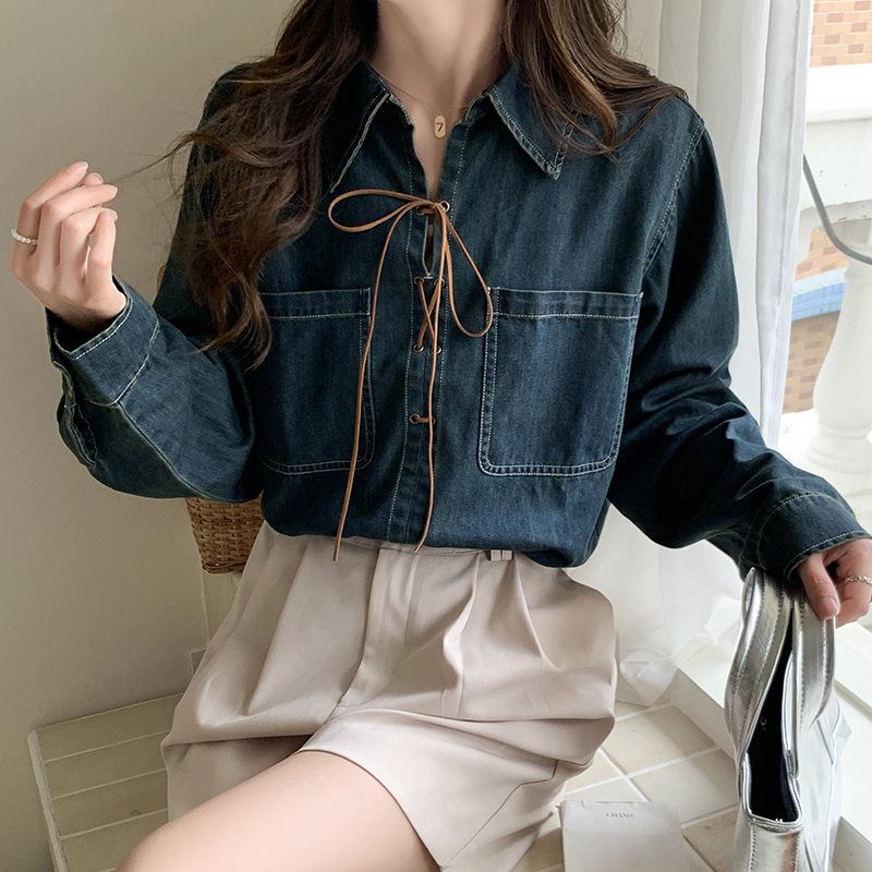 Long sleeve bandage loose denim Casual autumn commuting shirt