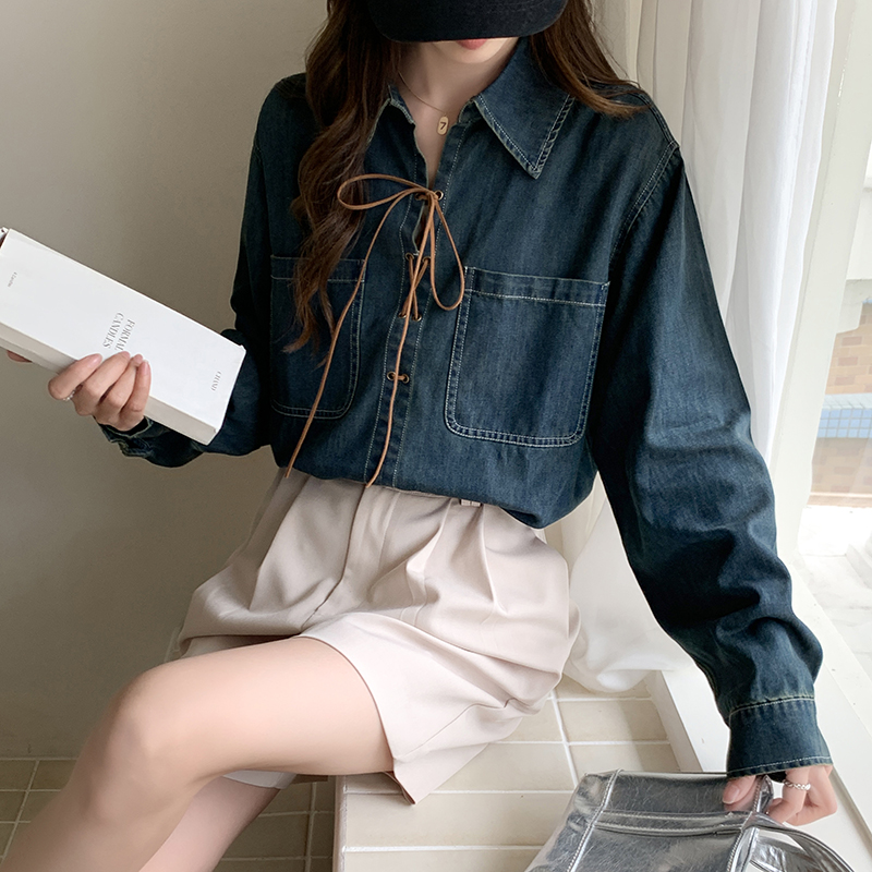 Long sleeve bandage loose denim Casual autumn commuting shirt