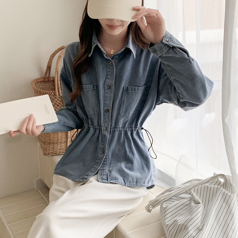 Long sleeve all-match denim retro simple shirt