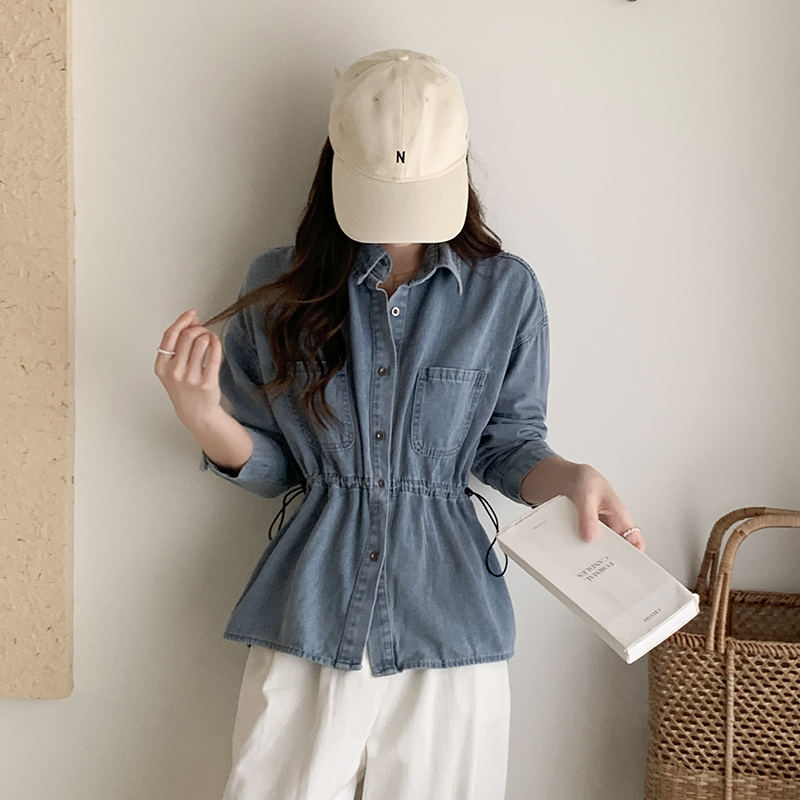 Long sleeve all-match denim retro simple shirt