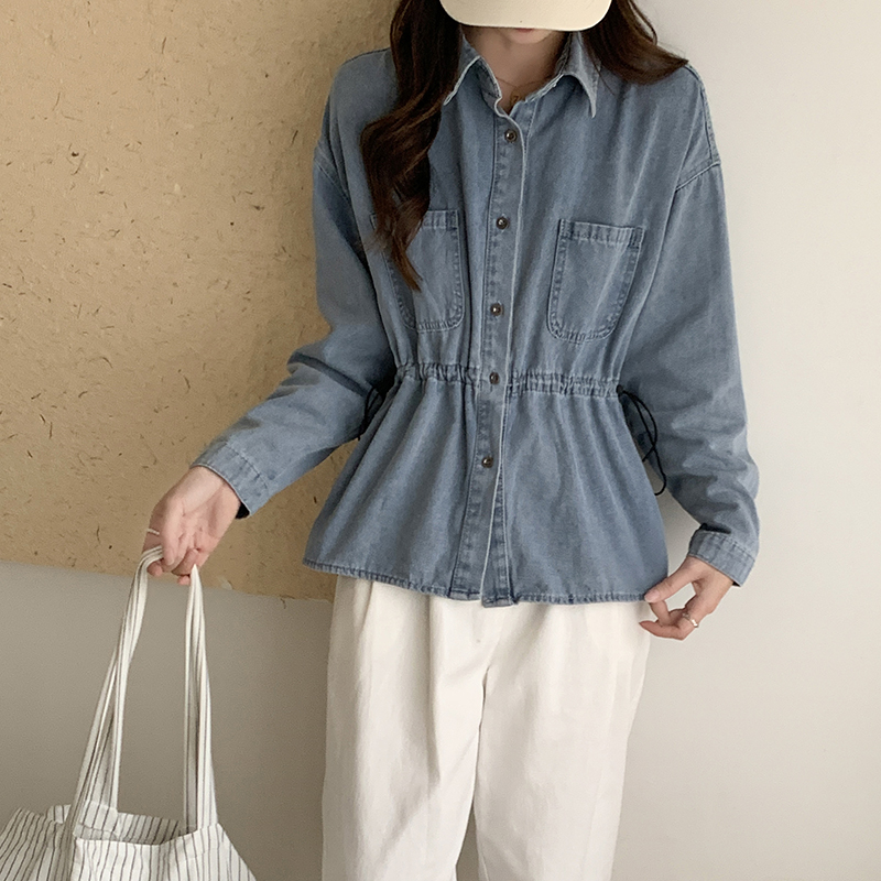 Long sleeve all-match denim retro simple shirt