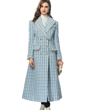 Woolen European style fashion coat long plaid overcoat