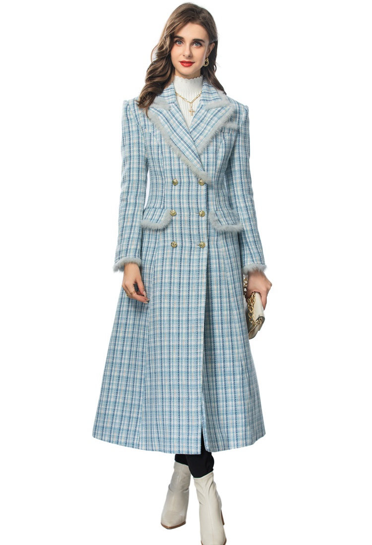 Woolen European style fashion coat long plaid overcoat