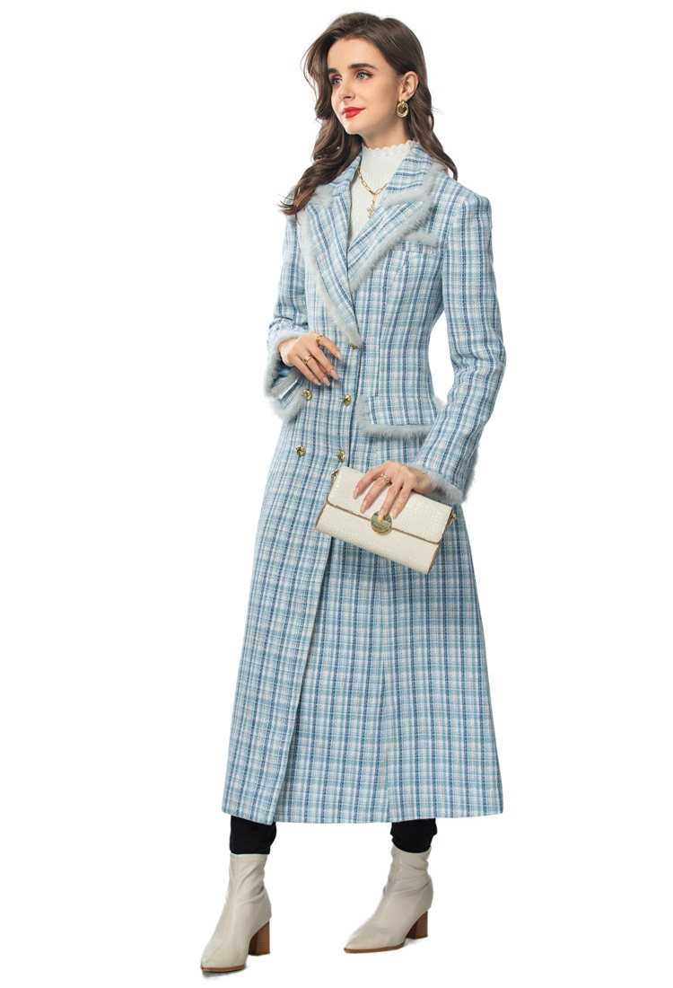 Woolen European style fashion coat long plaid overcoat