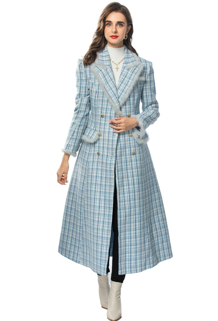 Woolen European style fashion coat long plaid overcoat