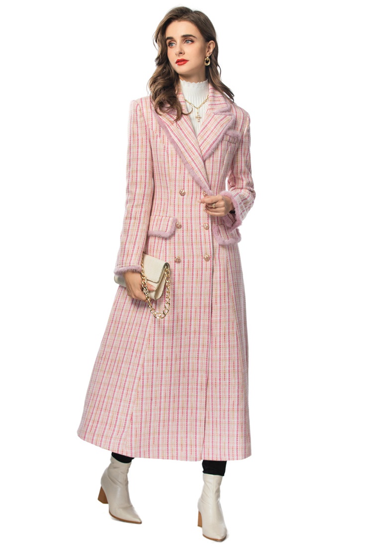 Woolen European style fashion coat long plaid overcoat