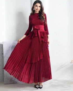 Autumn lantern fold long pure big skirt dress 2pcs set