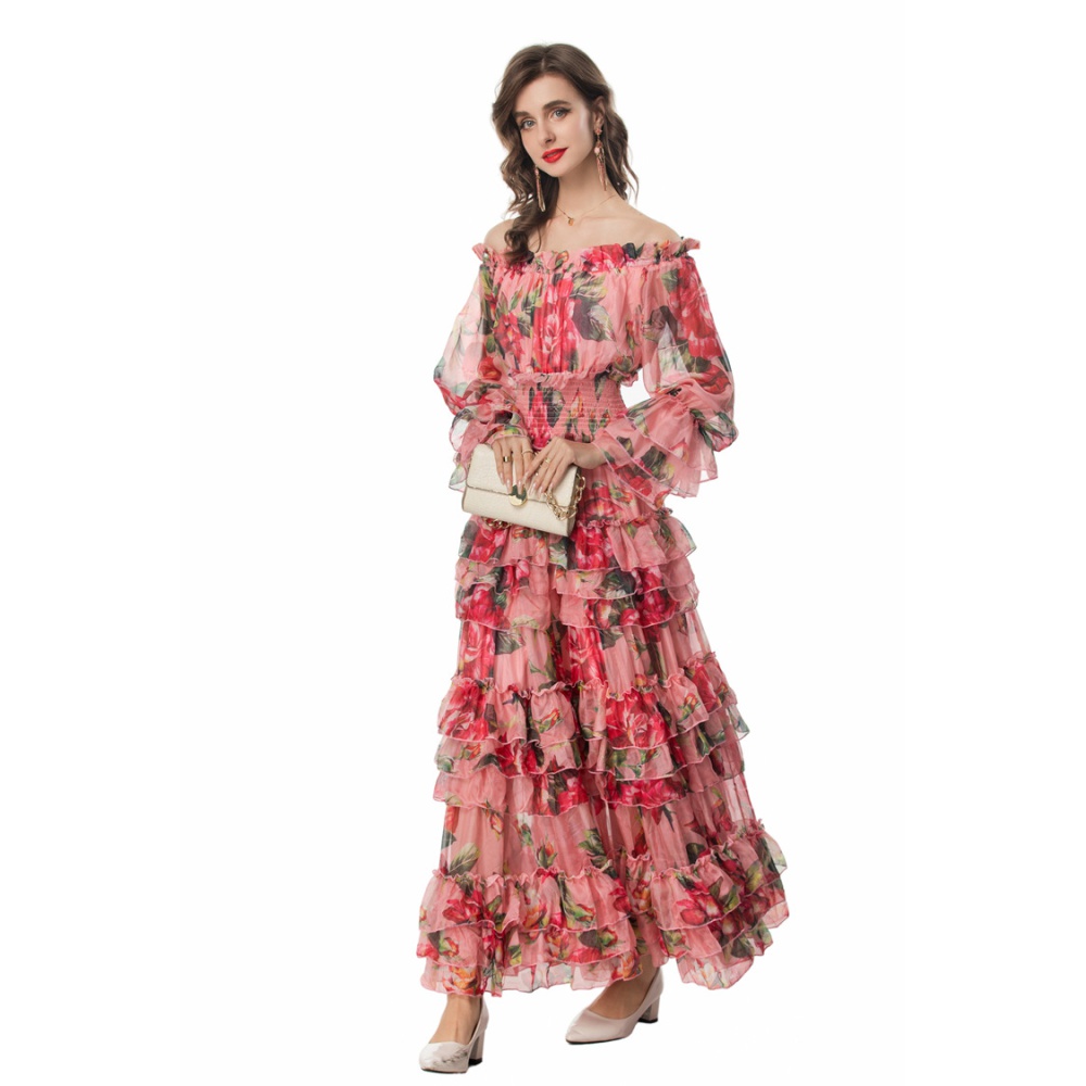 Strapless temperament dress printing beach dress for women