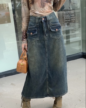 Straight denim short skirt retro long skirt for women