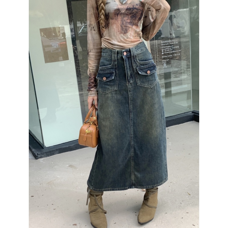 Straight denim short skirt retro long skirt for women