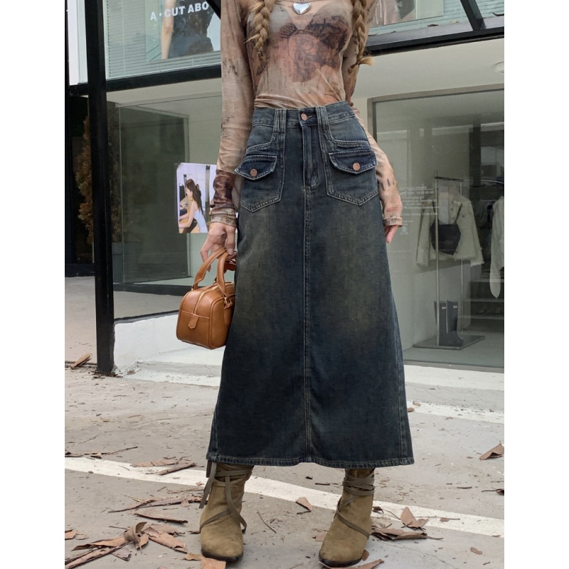 Straight denim short skirt retro long skirt for women