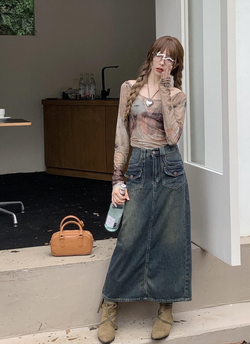 Straight denim short skirt retro long skirt for women