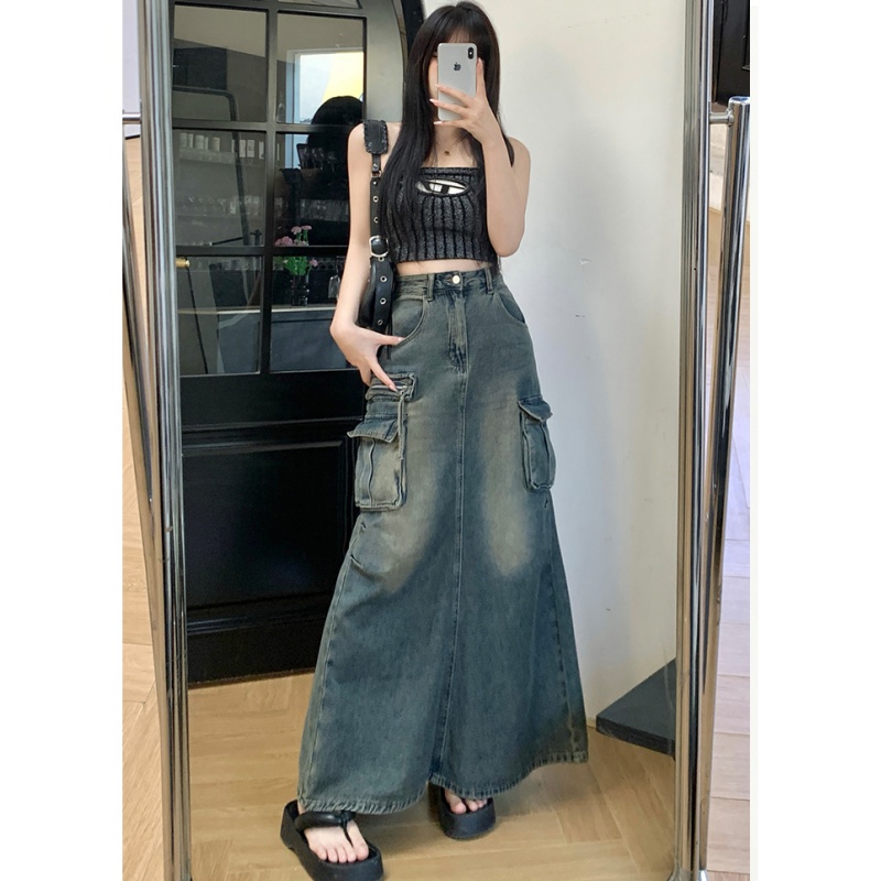 Drape fashion denim large pockets crimp long dress for women