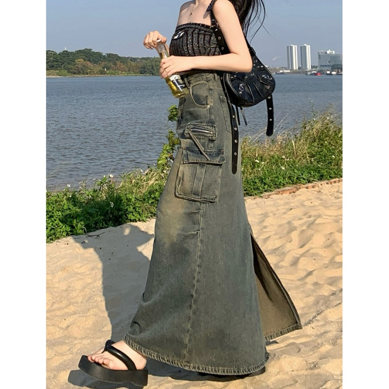 Drape fashion denim large pockets crimp long dress for women