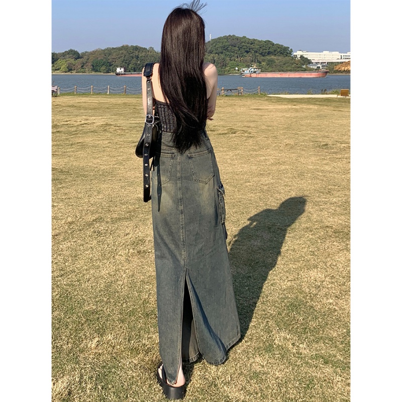 Drape fashion denim large pockets crimp long dress for women