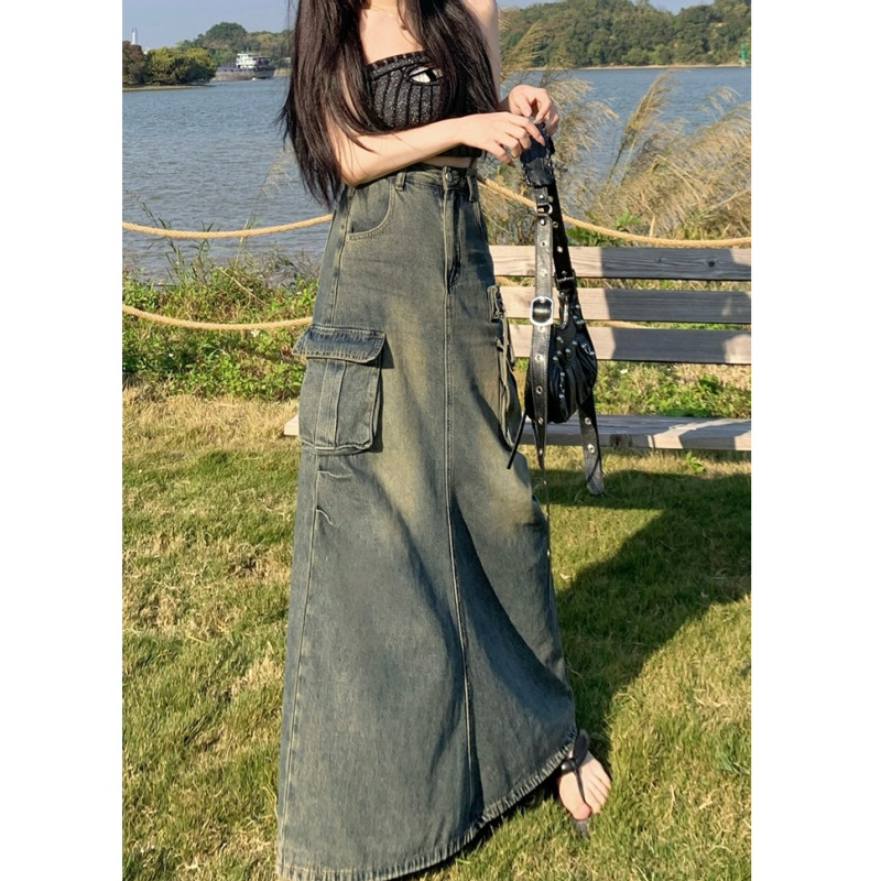 Drape fashion denim large pockets crimp long dress for women