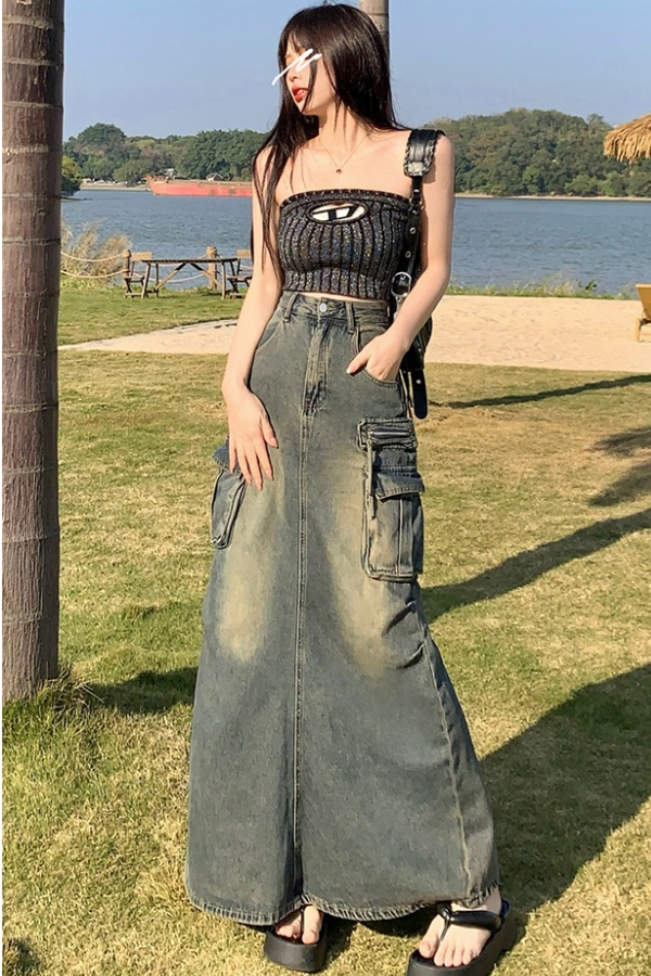 Drape fashion denim large pockets crimp long dress for women