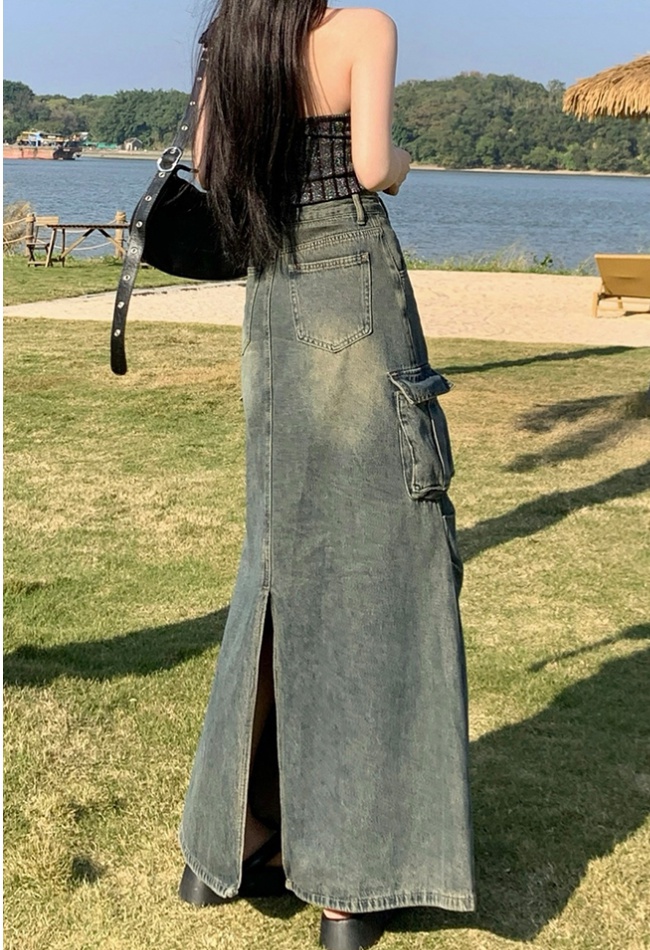 Drape fashion denim large pockets crimp long dress for women