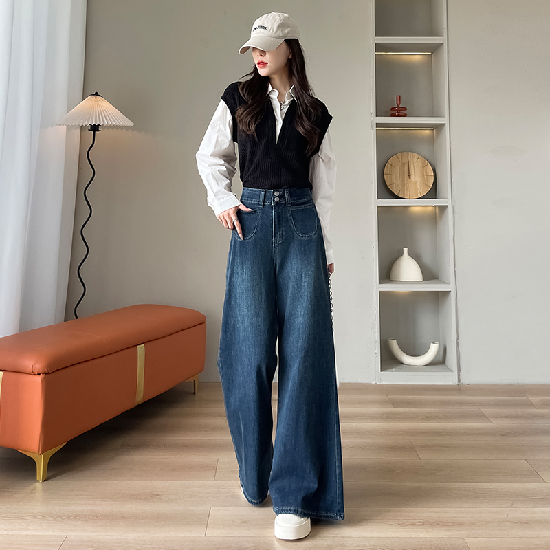 High waist big trousers denim loose long pants