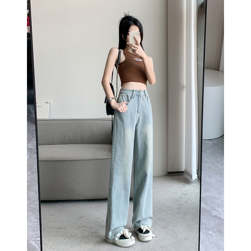 High waist slim jeans light color wide leg pants