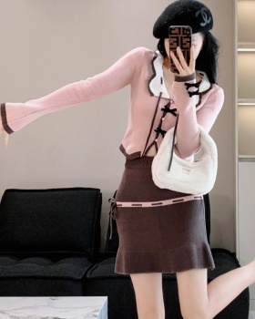 Autumn long sleeve tops bandage sweater 2pcs set