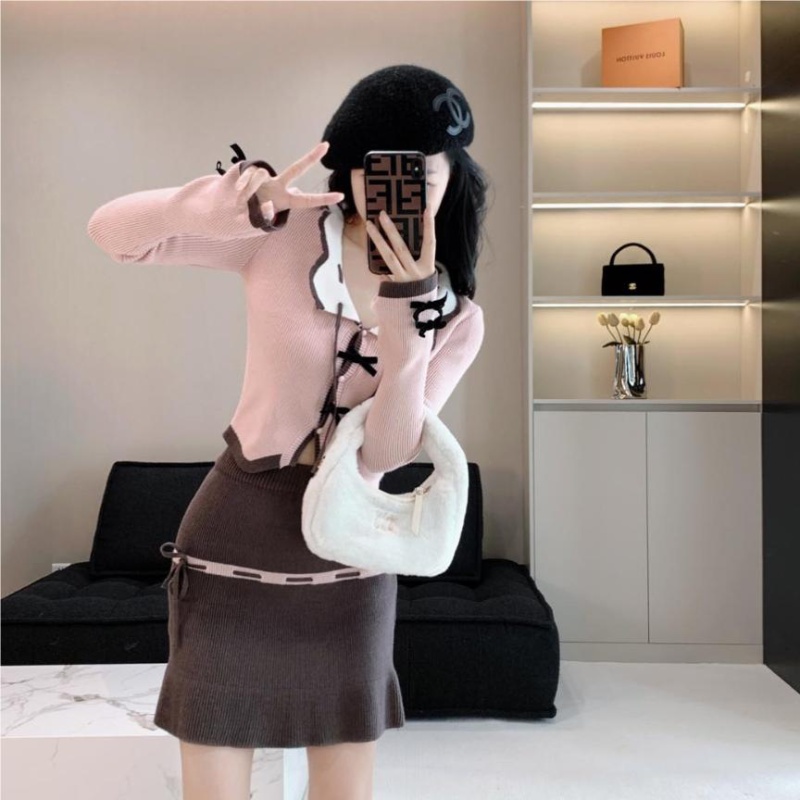 Autumn long sleeve tops bandage sweater 2pcs set